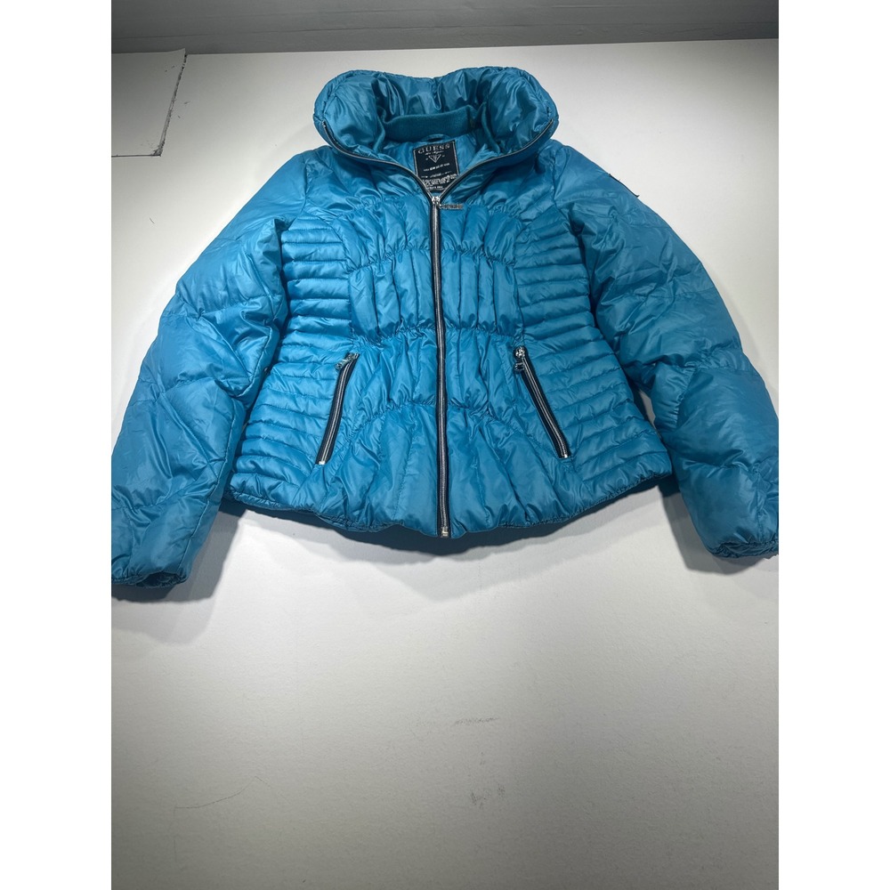 Guess Los Angeles Womens Turquoise Blue Quilted Puffer Jacket Funnel Neck Size M